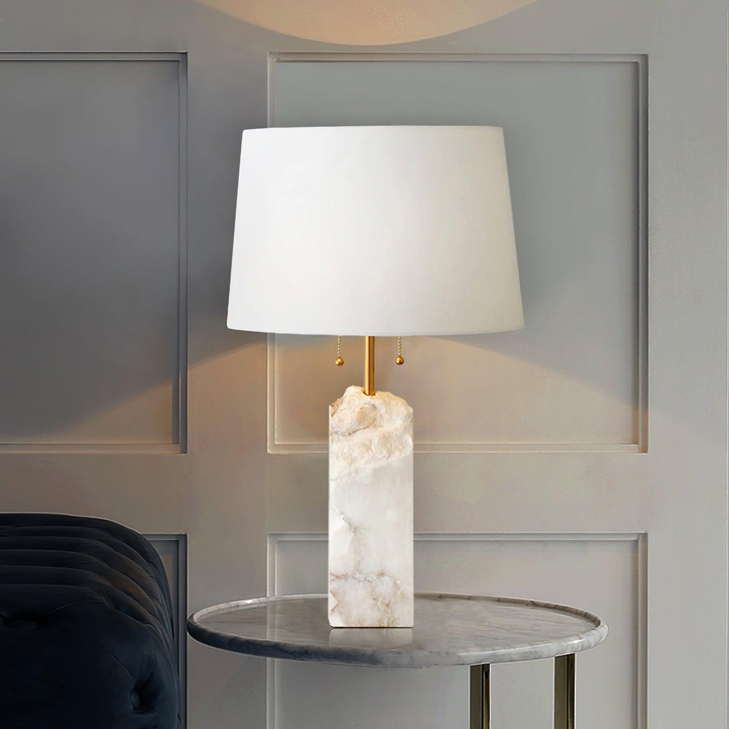 Alabaster Table Lamp | Hand-Hewn Alabaster & Metal | White Shade, 55cm