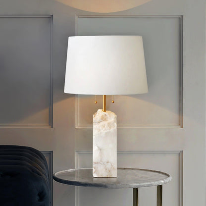 Alabaster Table Lamp | Hand-Hewn Alabaster & Metal | White Shade, 55cm