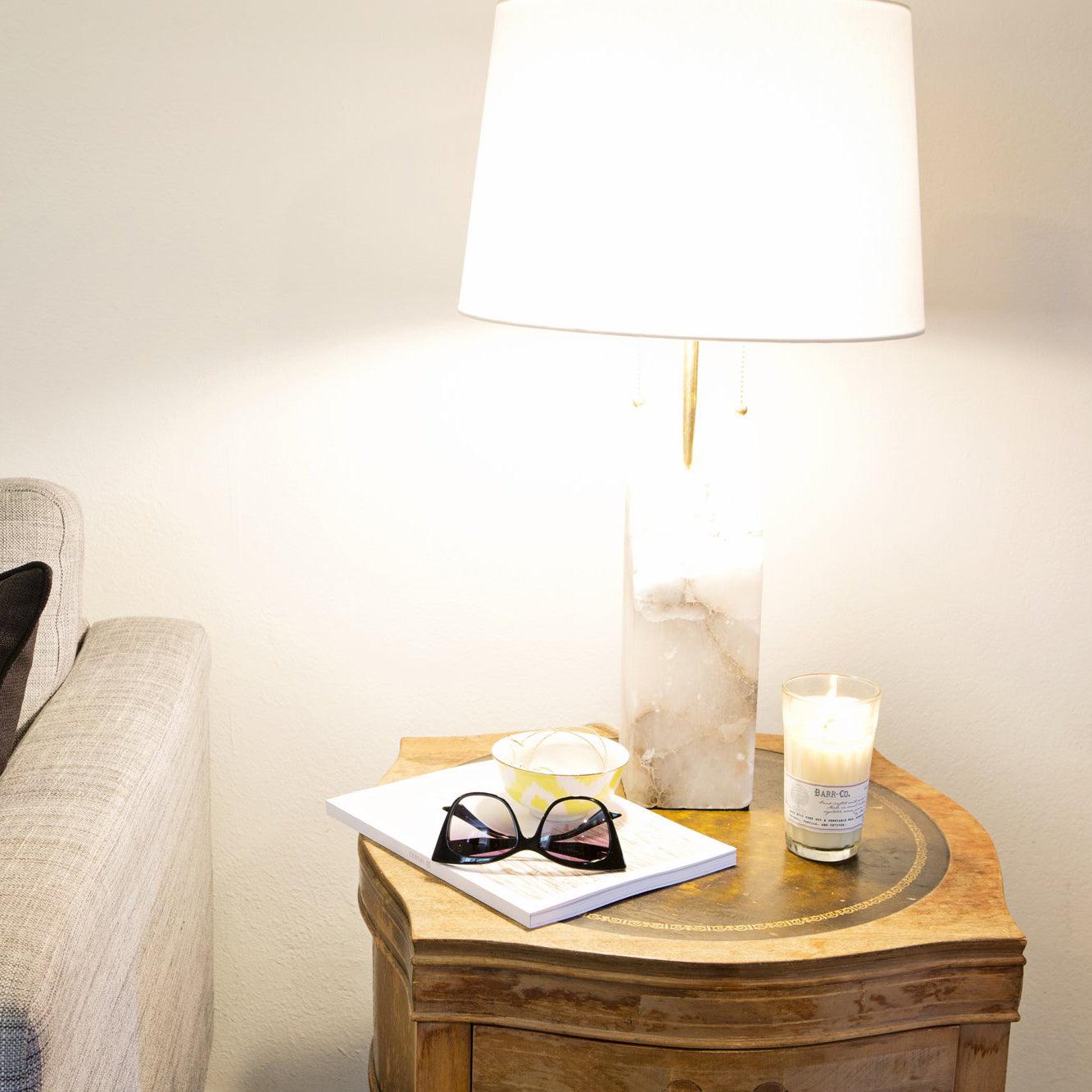 Alabaster Table Lamp | Hand-Hewn Alabaster & Metal | White Shade, 55cm