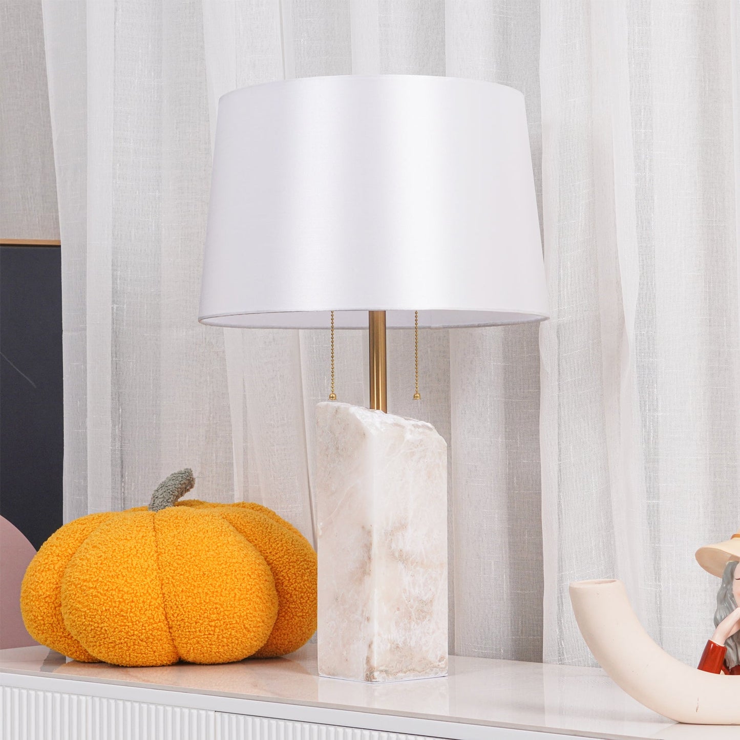 Alabaster Table Lamp | Hand-Hewn Alabaster & Metal | White Shade, 55cm