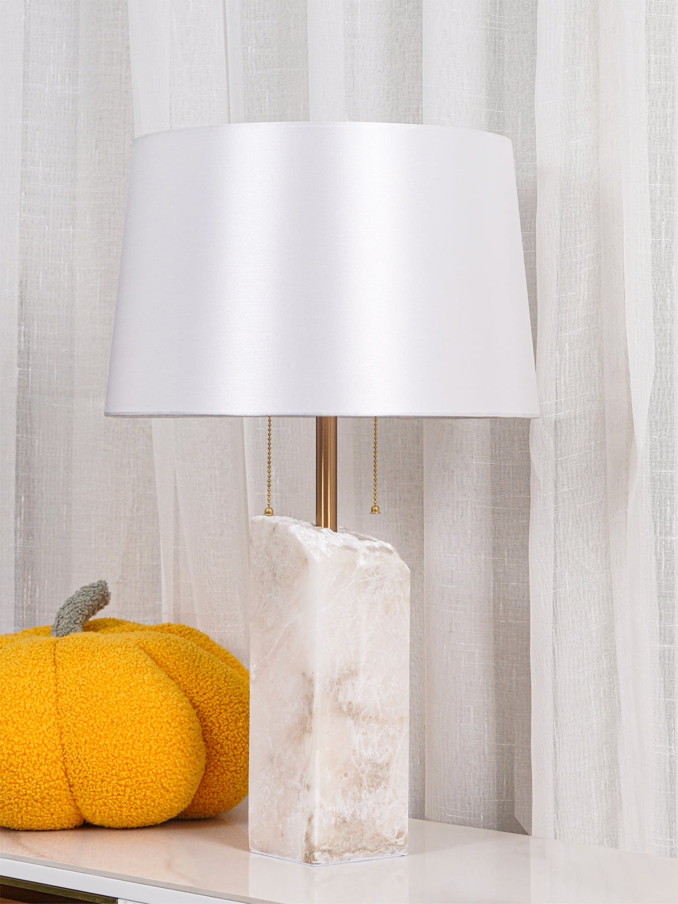 Alabaster Table Lamp | Hand-Hewn Alabaster & Metal | White Shade, 55cm