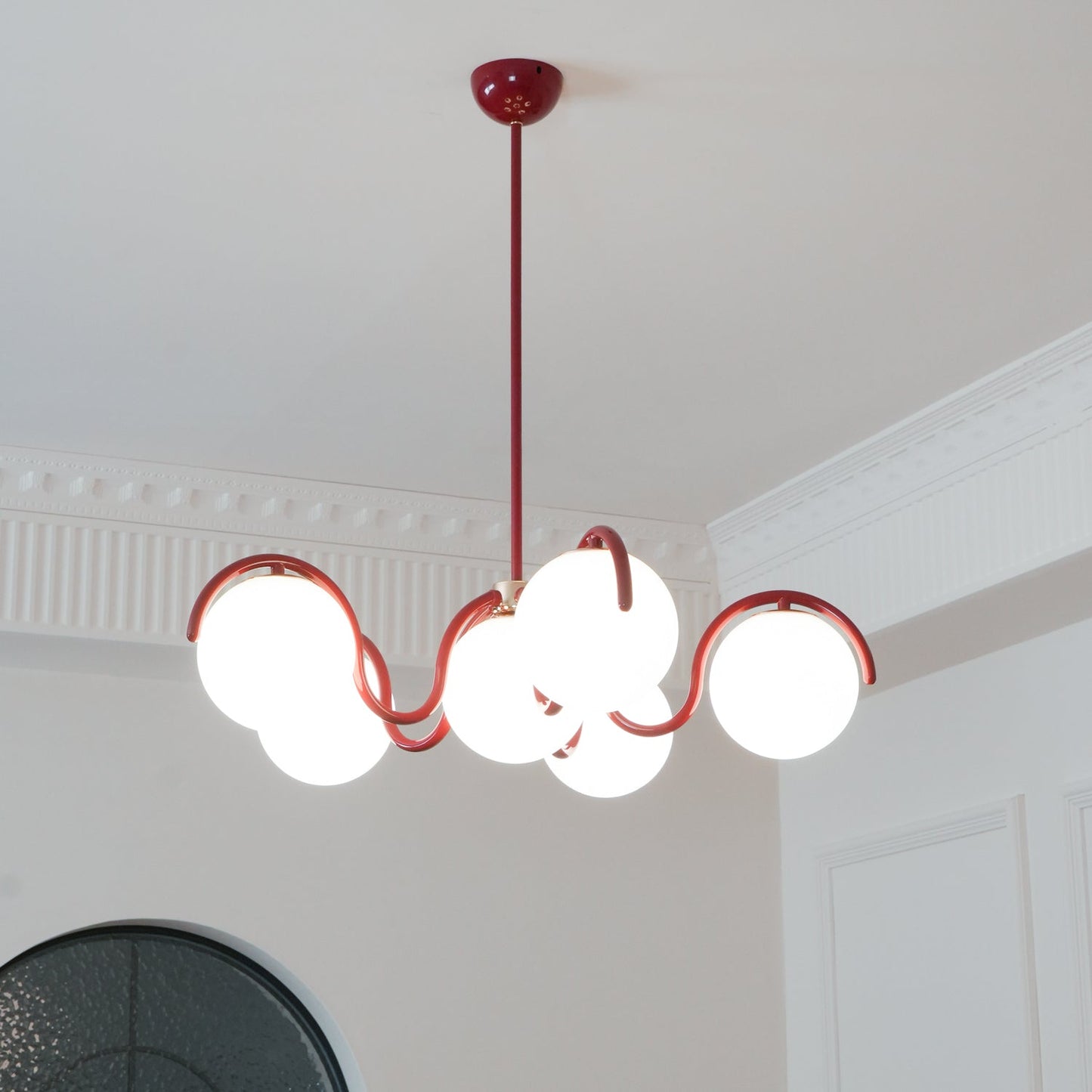 Reedway Linear Chandelier | Metal Frame | 6 White Glass Globes