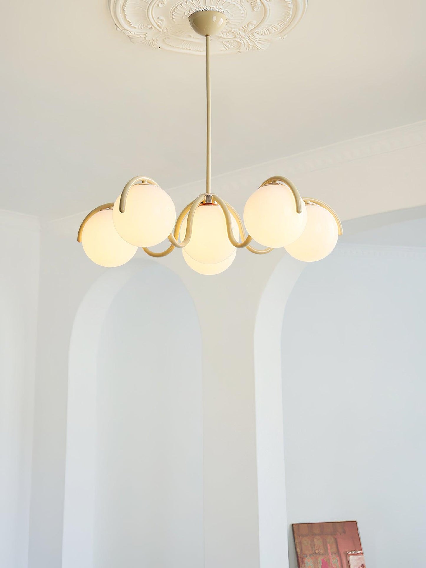 Reedway Linear Chandelier | Metal Frame | 6 White Glass Globes