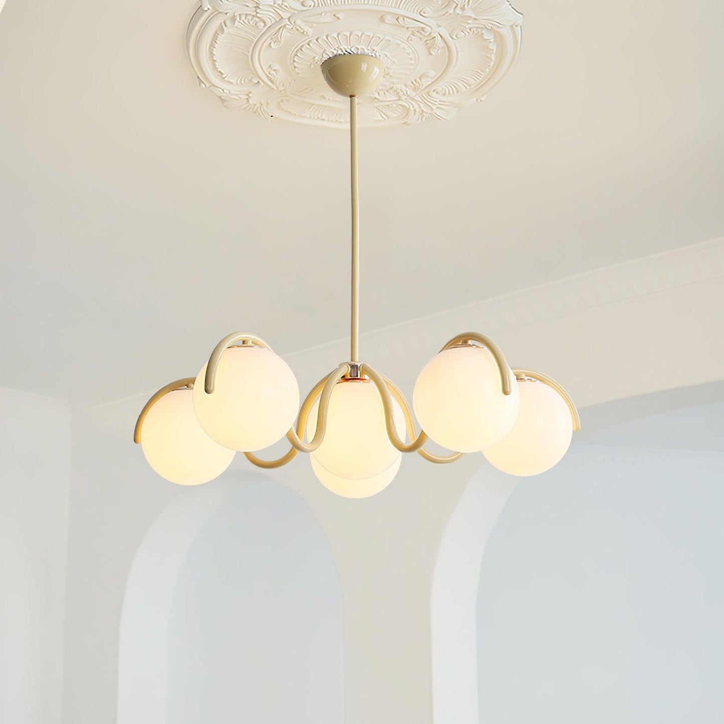Reedway Linear Chandelier | Metal Frame | 6 White Glass Globes