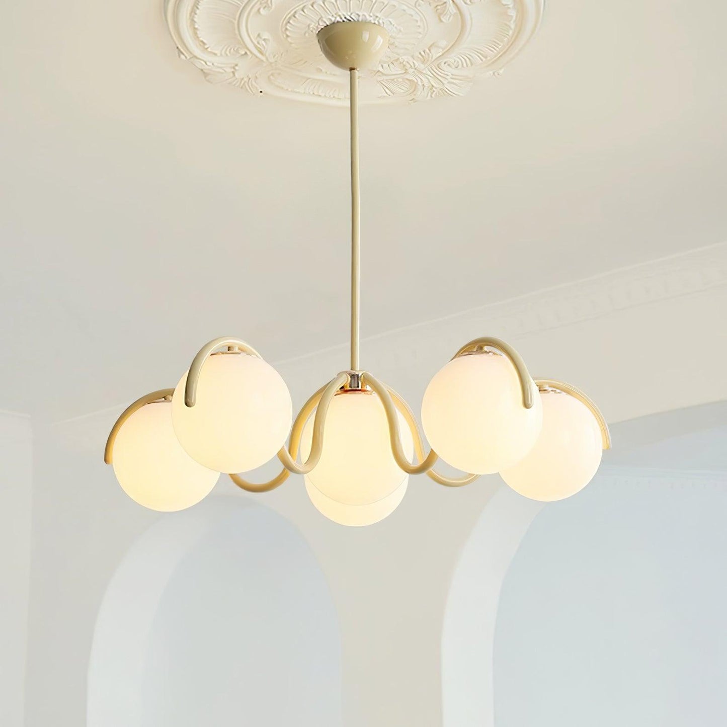 Reedway Linear Chandelier | Metal Frame | 6 White Glass Globes