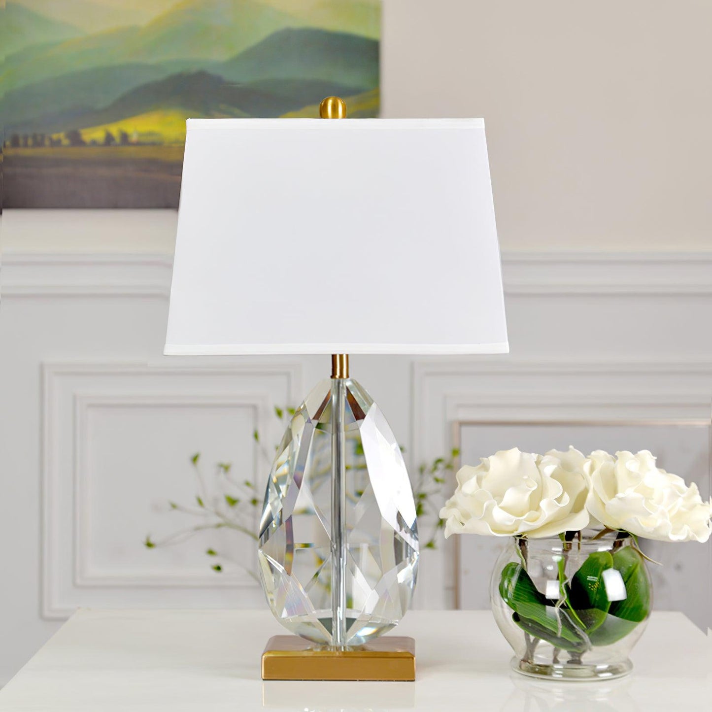 Regal Table Lamp | Metal & Crystal | Gold with White Shade
