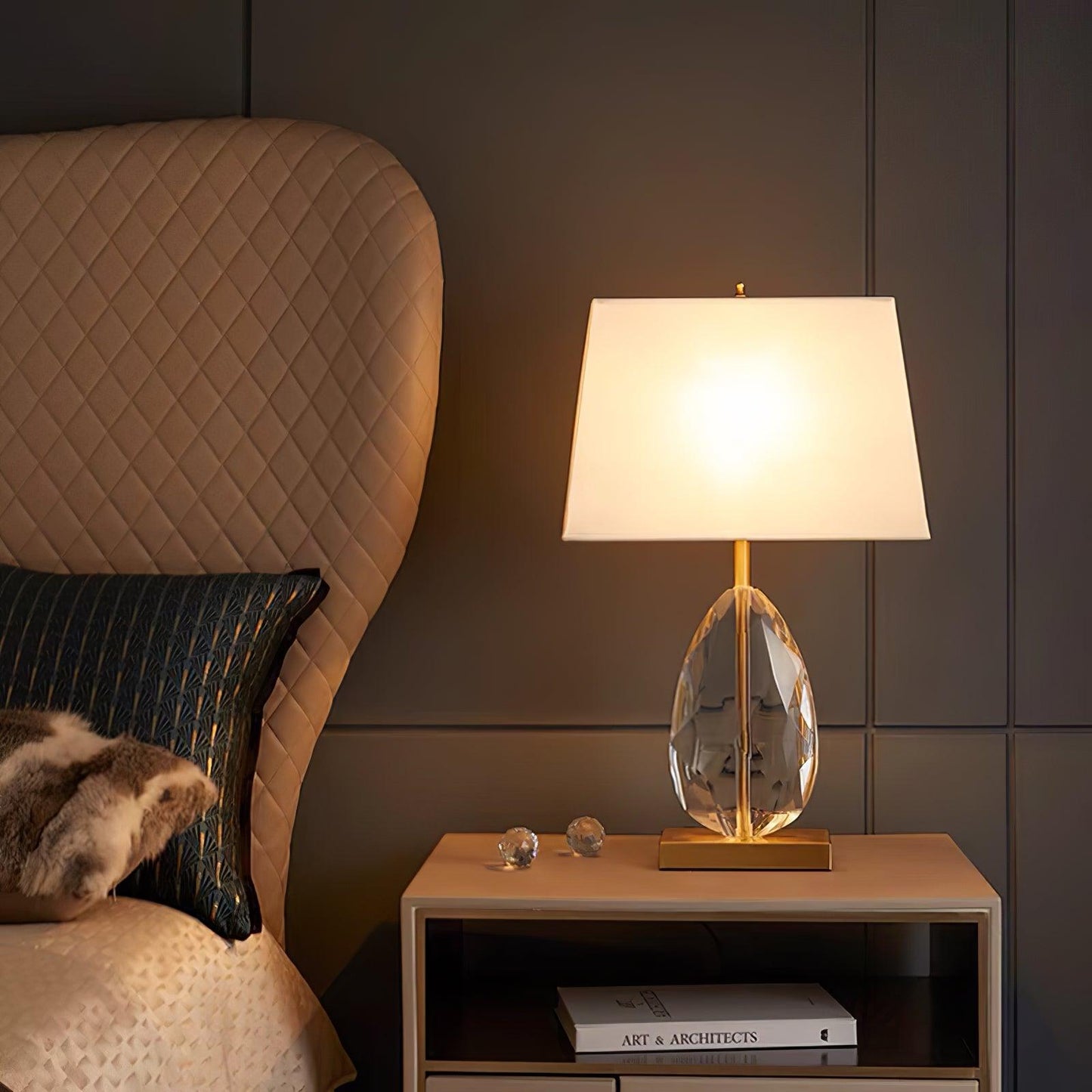 Regal Table Lamp | Metal & Crystal | Gold with White Shade