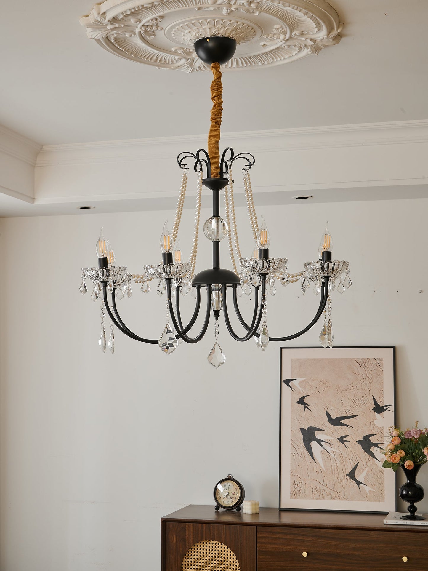 Crystal Chandelier | Metal & Glass with Pearls | 6 or 8 Lights, Black