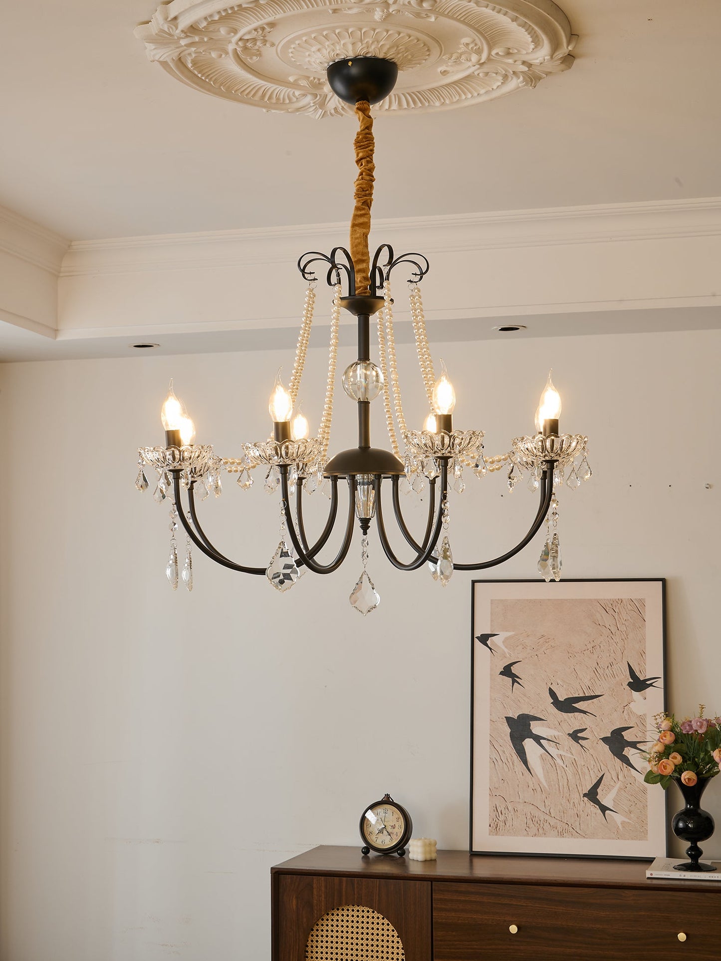 Crystal Chandelier | Metal & Glass with Pearls | 6 or 8 Lights, Black