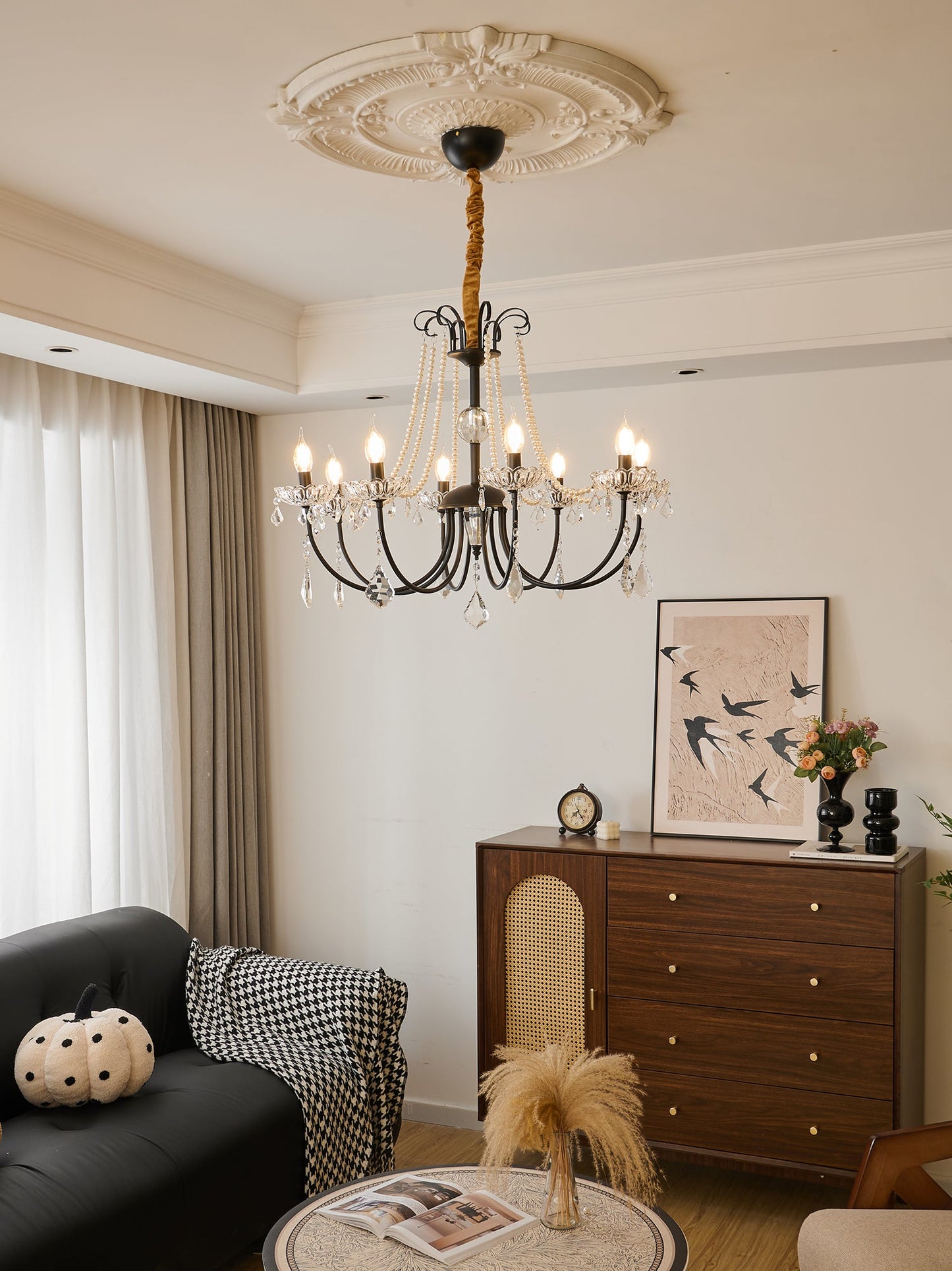 Crystal Chandelier | Metal & Glass with Pearls | 6 or 8 Lights, Black
