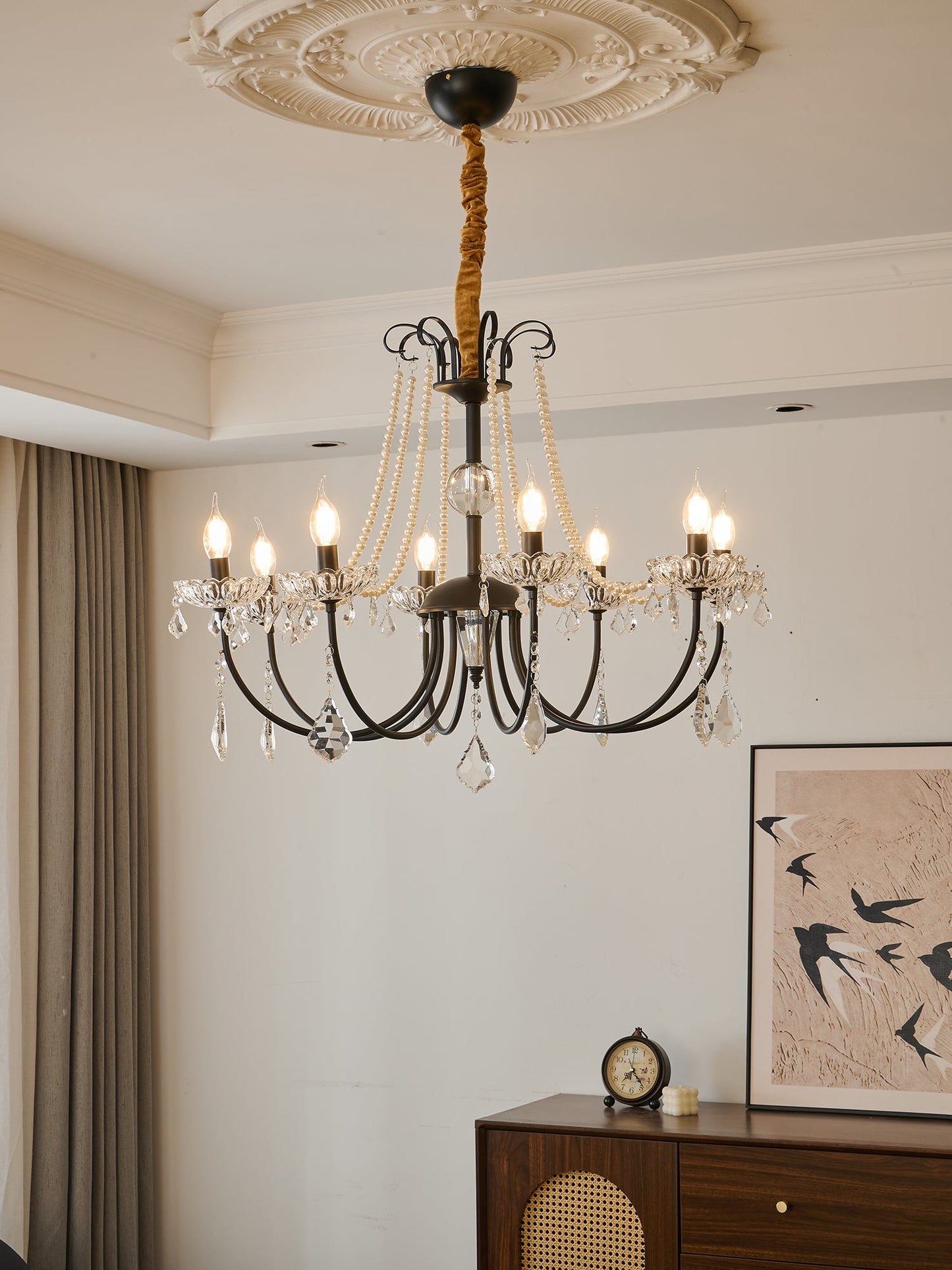 Crystal Chandelier | Metal & Glass with Pearls | 6 or 8 Lights, Black