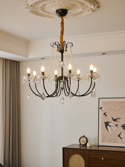 Crystal Chandelier | Metal & Glass with Pearls | 6 or 8 Lights, Black