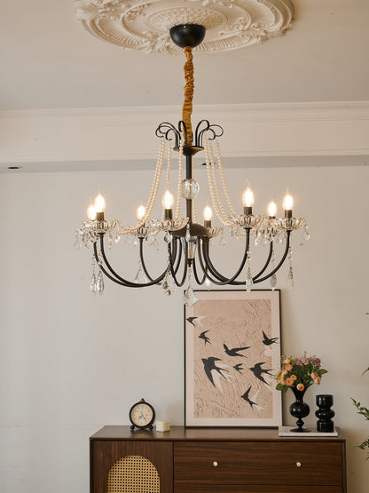 Crystal Chandelier | Metal & Glass with Pearls | 6 or 8 Lights, Black