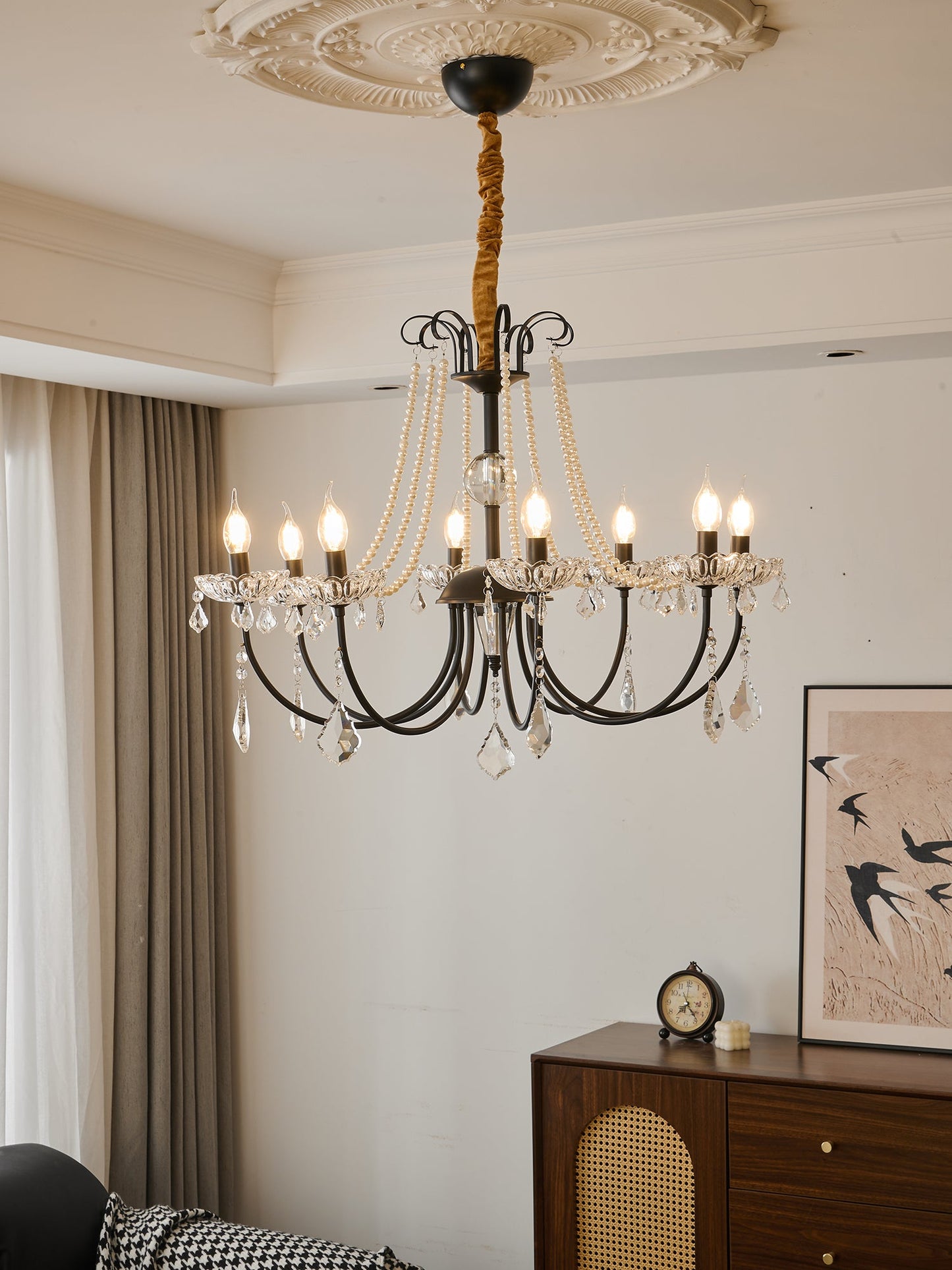 Crystal Chandelier | Metal & Glass with Pearls | 6 or 8 Lights, Black