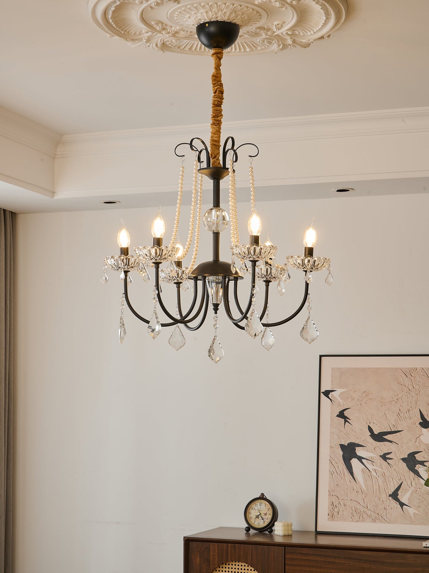 Crystal Chandelier | Metal & Glass with Pearls | 6 or 8 Lights, Black