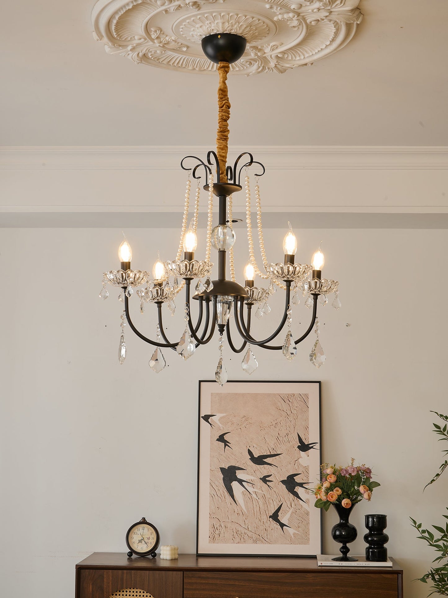 Crystal Chandelier | Metal & Glass with Pearls | 6 or 8 Lights, Black