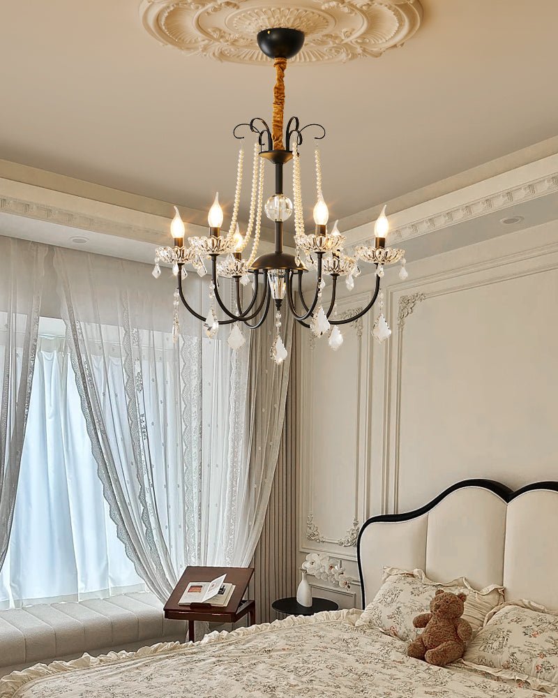 Crystal Chandelier | Metal & Glass with Pearls | 6 or 8 Lights, Black