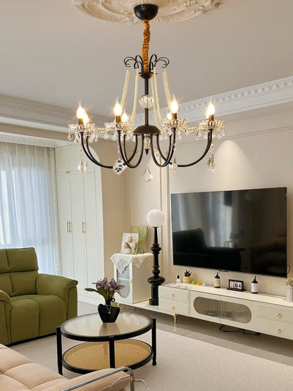 Crystal Chandelier | Metal & Glass with Pearls | 6 or 8 Lights, Black