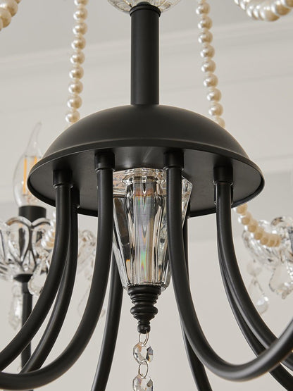 Crystal Chandelier | Metal & Glass with Pearls | 6 or 8 Lights, Black