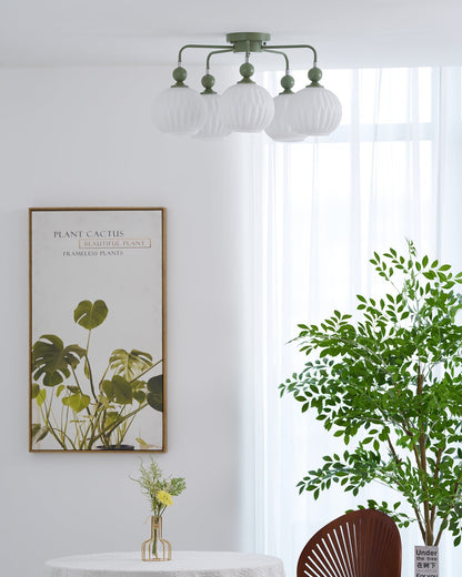 Renee Ceiling Light | Green Metal & White Glass | 4, 5, or 8 Heads