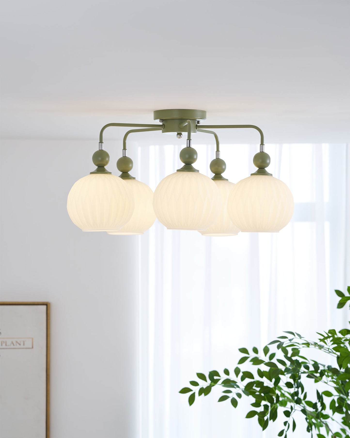 Renee Ceiling Light | Green Metal & White Glass | 4, 5, or 8 Heads