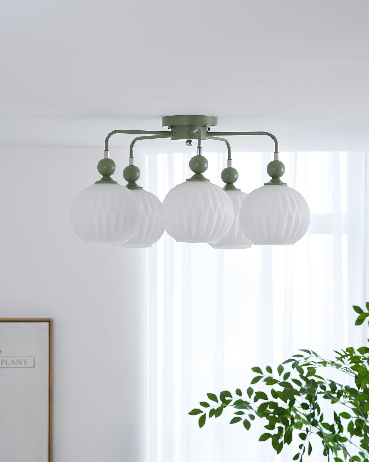 Renee Ceiling Light | Green Metal & White Glass | 4, 5, or 8 Heads