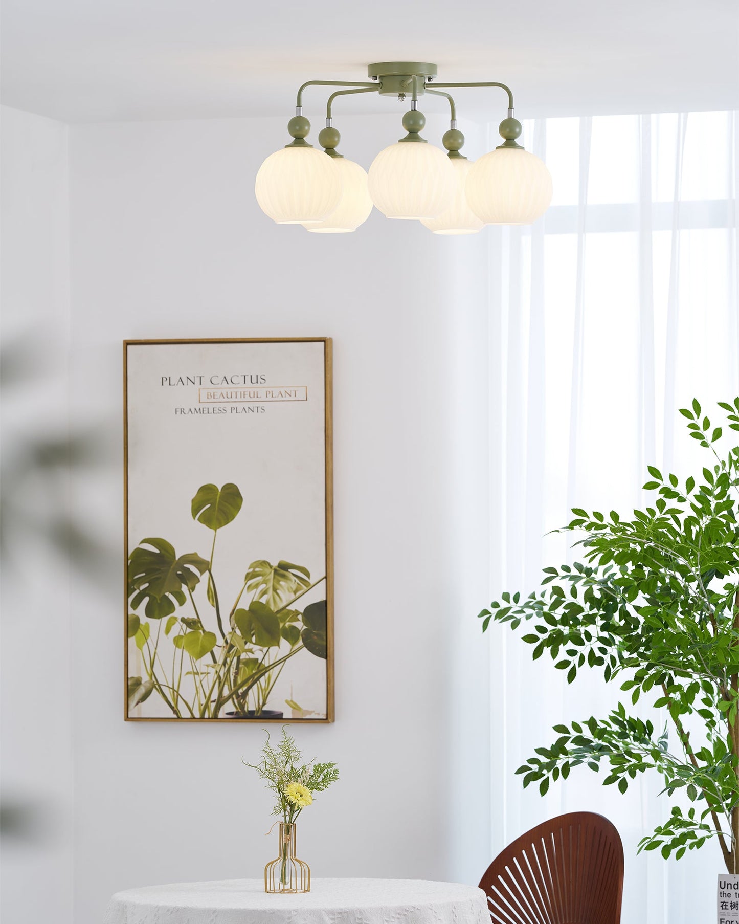 Renee Ceiling Light | Green Metal & White Glass | 4, 5, or 8 Heads