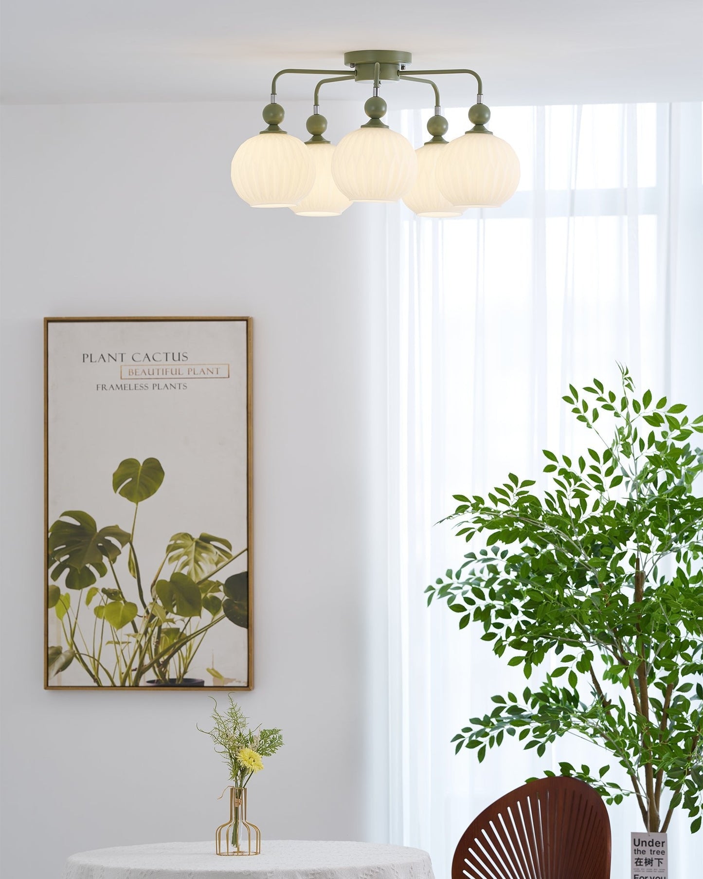 Renee Ceiling Light | Green Metal & White Glass | 4, 5, or 8 Heads