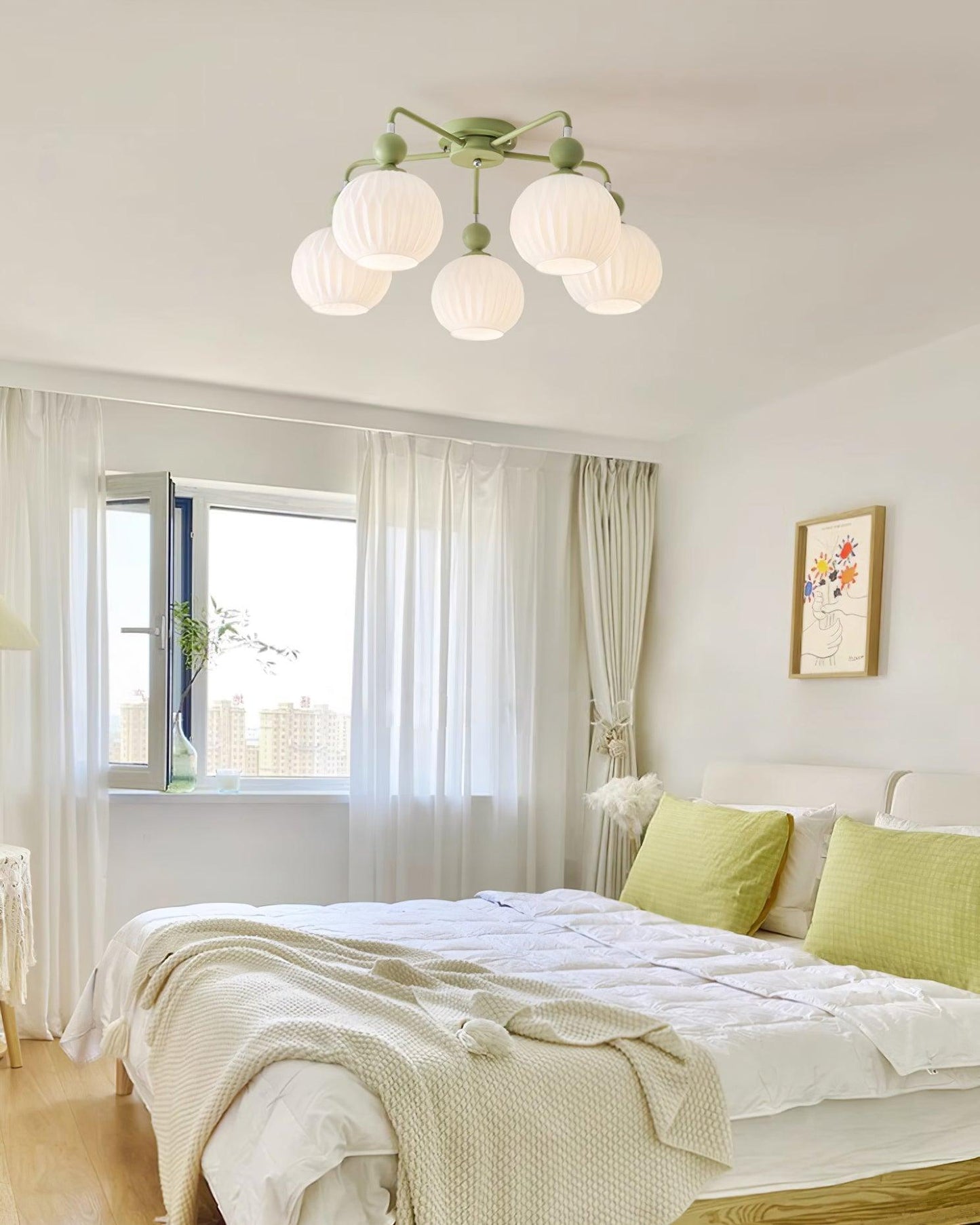 Renee Ceiling Light | Green Metal & White Glass | 4, 5, or 8 Heads
