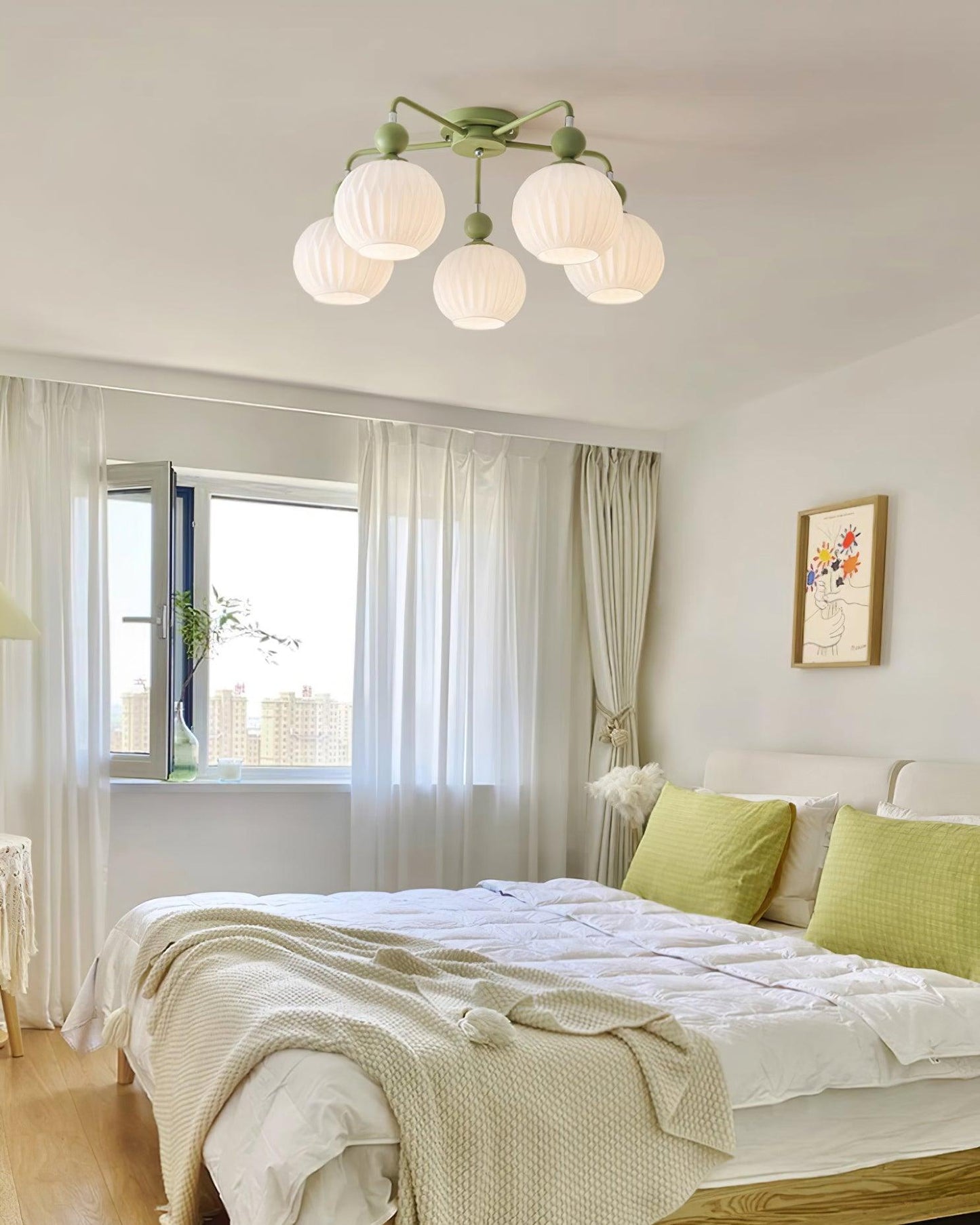Renee Ceiling Light | Green Metal & White Glass | 4, 5, or 8 Heads