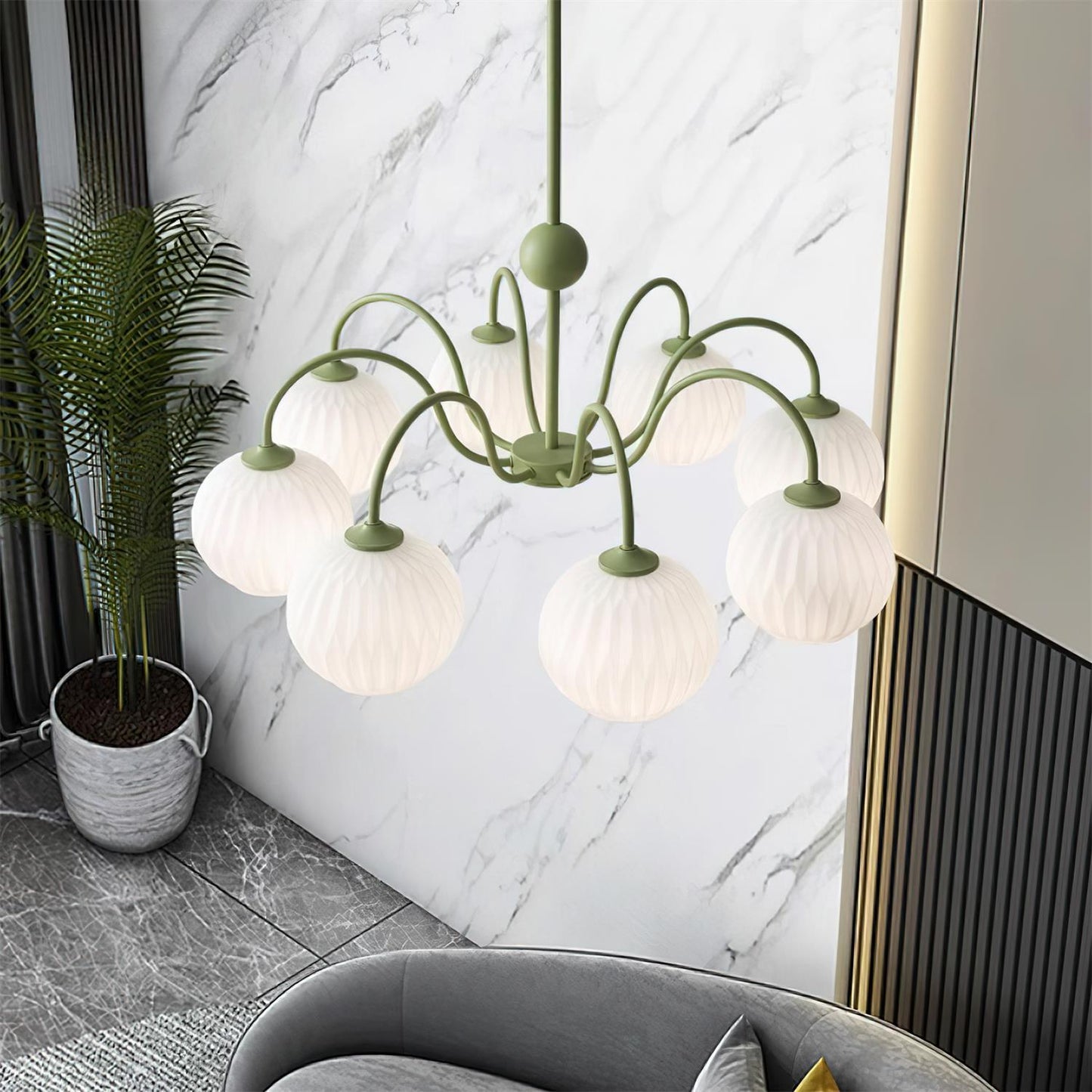 Renee Chandelier | Green Metal Frame & White Glass Shades | 3, 5, or 8 Lights