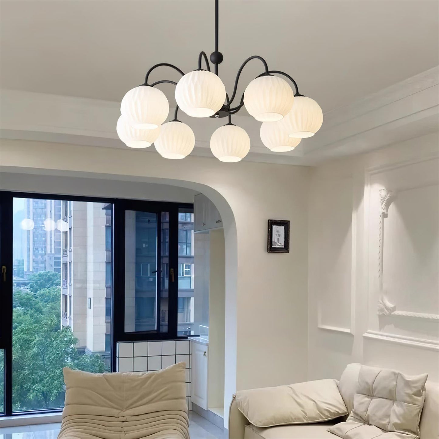 Renee Chandelier | Green Metal Frame & White Glass Shades | 3, 5, or 8 Lights