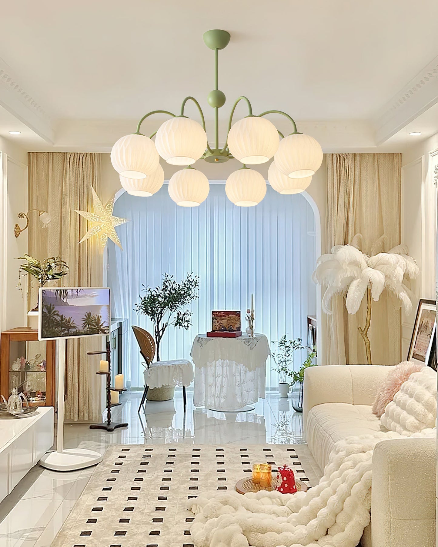 Renee Chandelier | Green Metal Frame & White Glass Shades | 3, 5, or 8 Lights