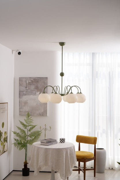 Renee Chandelier | Green Metal Frame & White Glass Shades | 3, 5, or 8 Lights