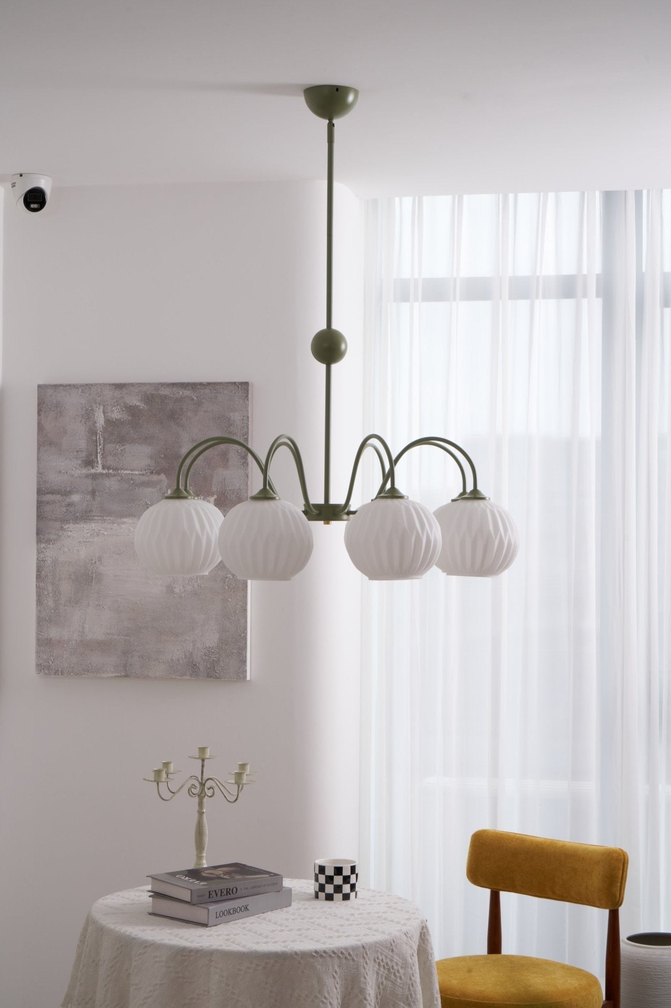 Renee Chandelier | Green Metal Frame & White Glass Shades | 3, 5, or 8 Lights