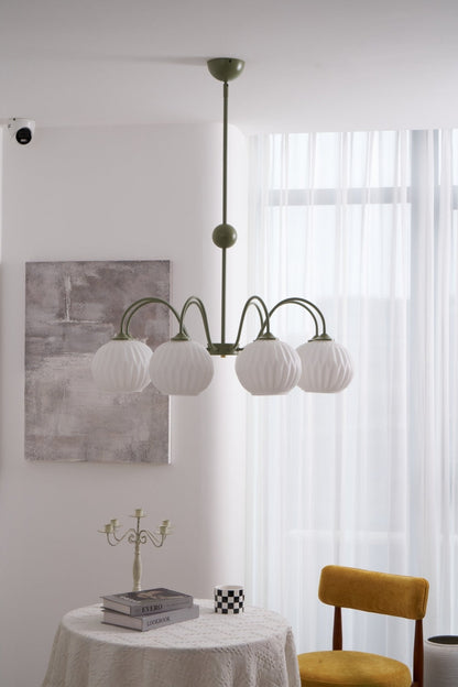 Renee Chandelier | Green Metal Frame & White Glass Shades | 3, 5, or 8 Lights