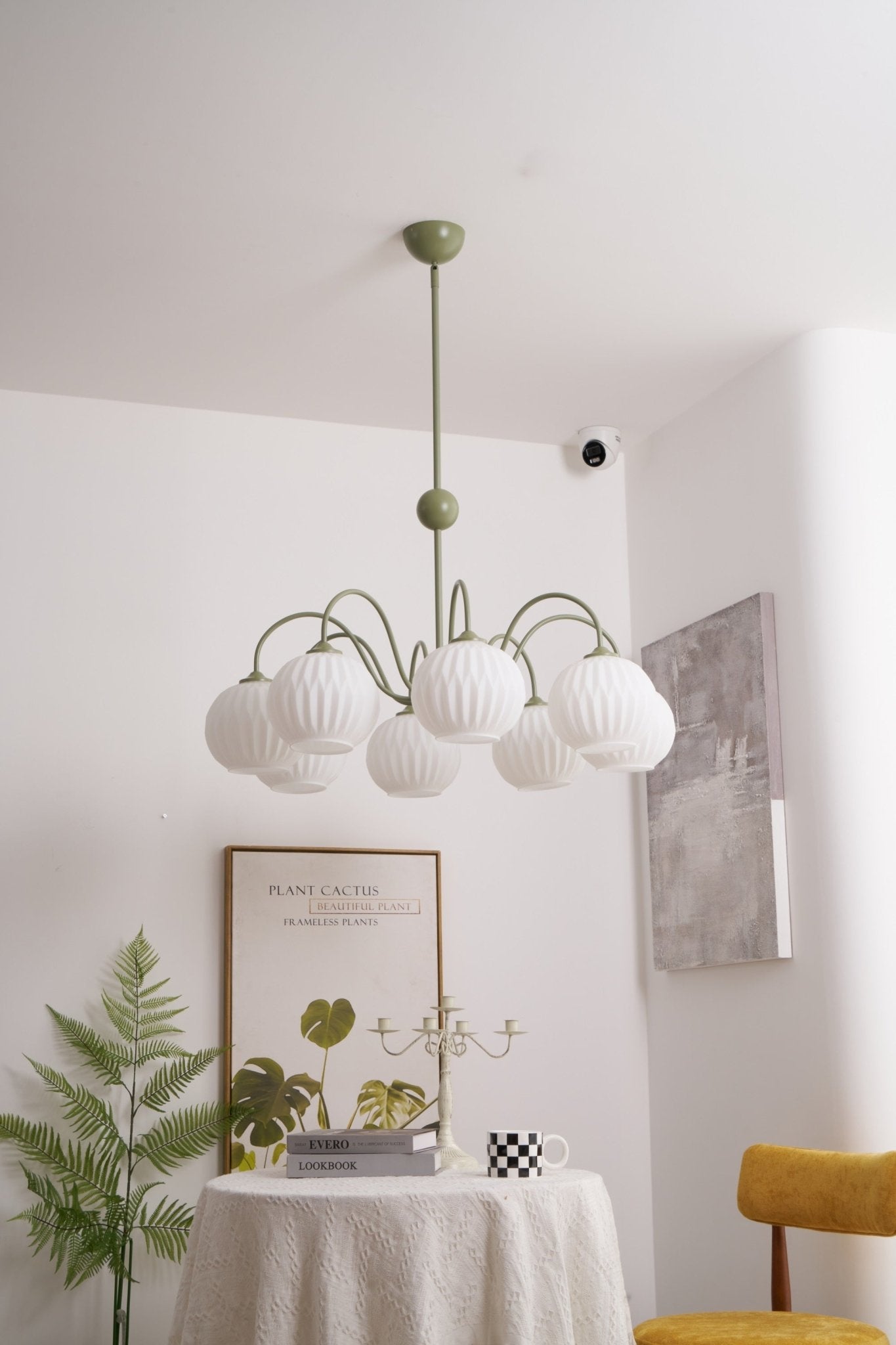 Renee Chandelier | Green Metal Frame & White Glass Shades | 3, 5, or 8 Lights