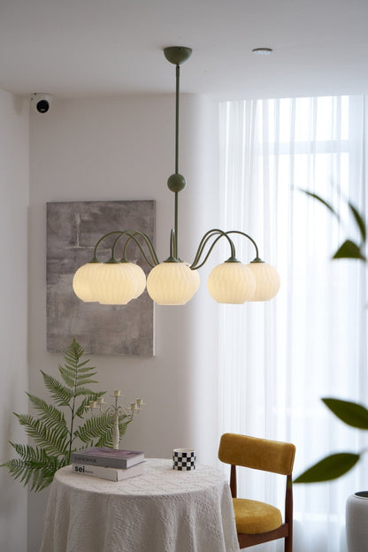 Renee Chandelier | Green Metal Frame & White Glass Shades | 3, 5, or 8 Lights