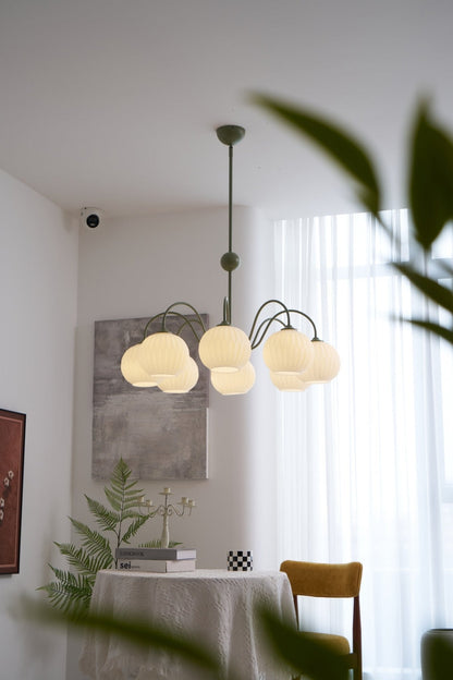 Renee Chandelier | Green Metal Frame & White Glass Shades | 3, 5, or 8 Lights