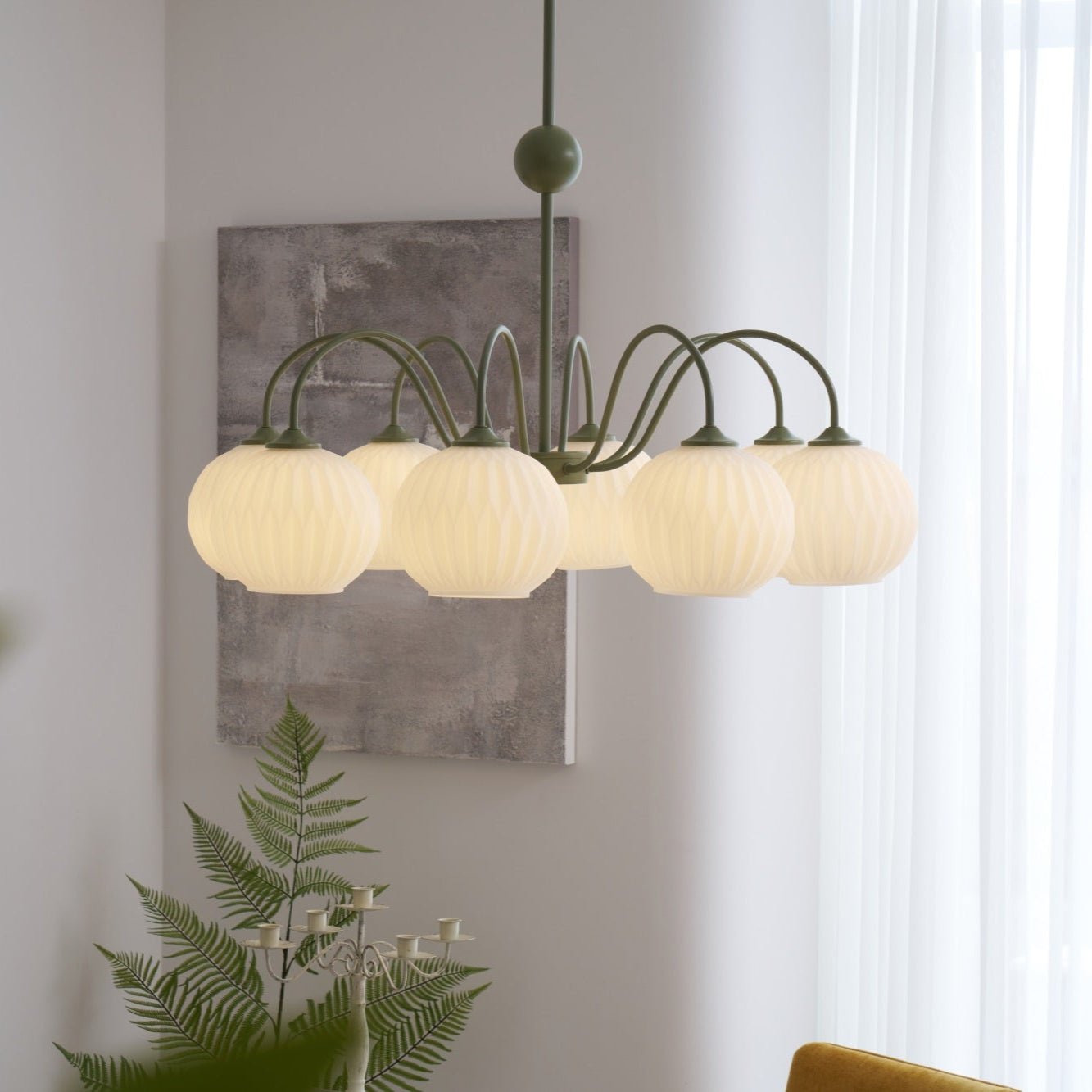 Renee Chandelier | Green Metal Frame & White Glass Shades | 3, 5, or 8 Lights