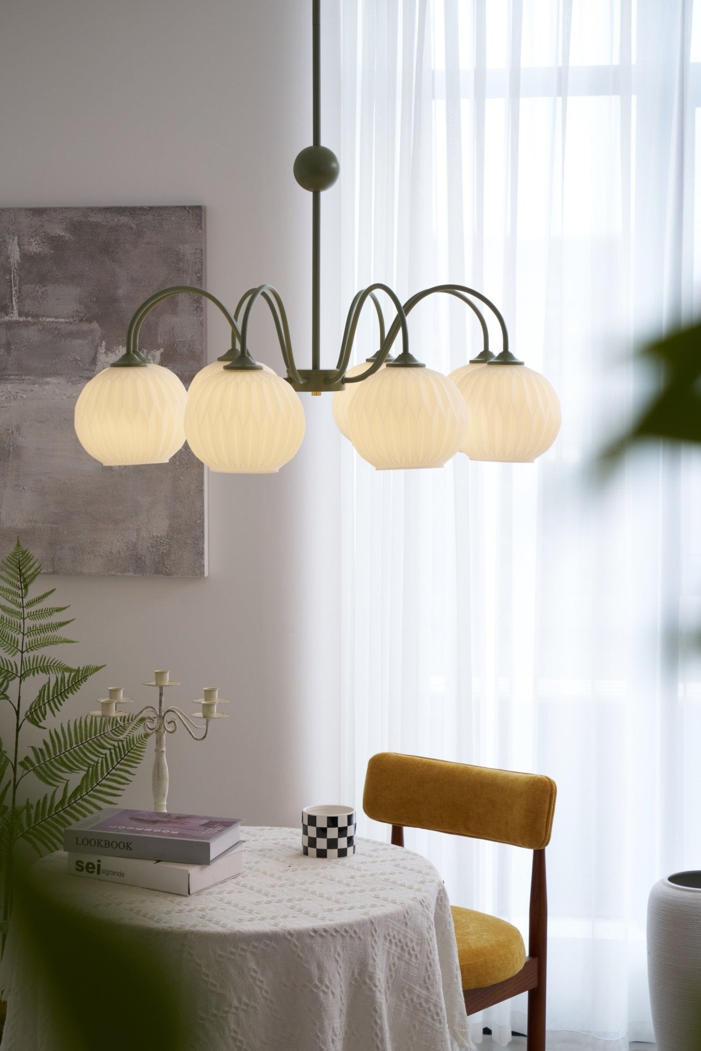 Renee Chandelier | Green Metal Frame & White Glass Shades | 3, 5, or 8 Lights