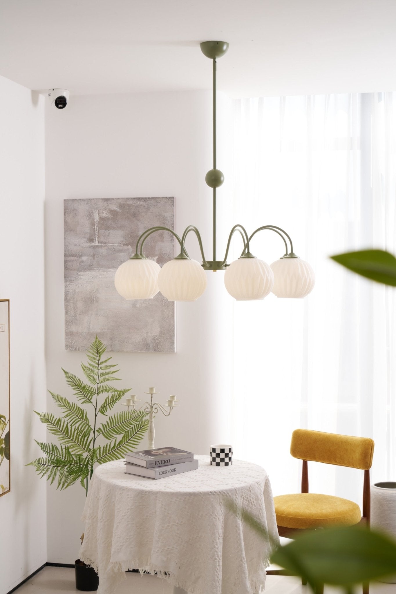 Renee Chandelier | Green Metal Frame & White Glass Shades | 3, 5, or 8 Lights