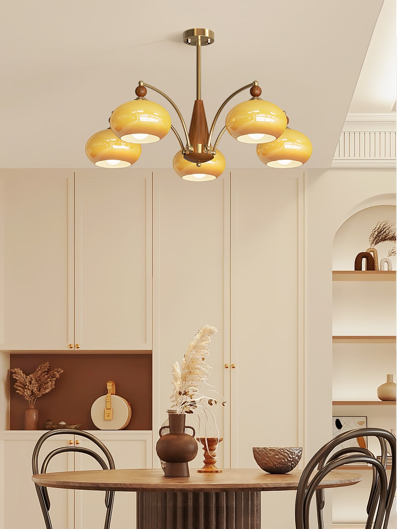 Calliope Chandelier | Metal & Glass | Gold & Walnut Finish