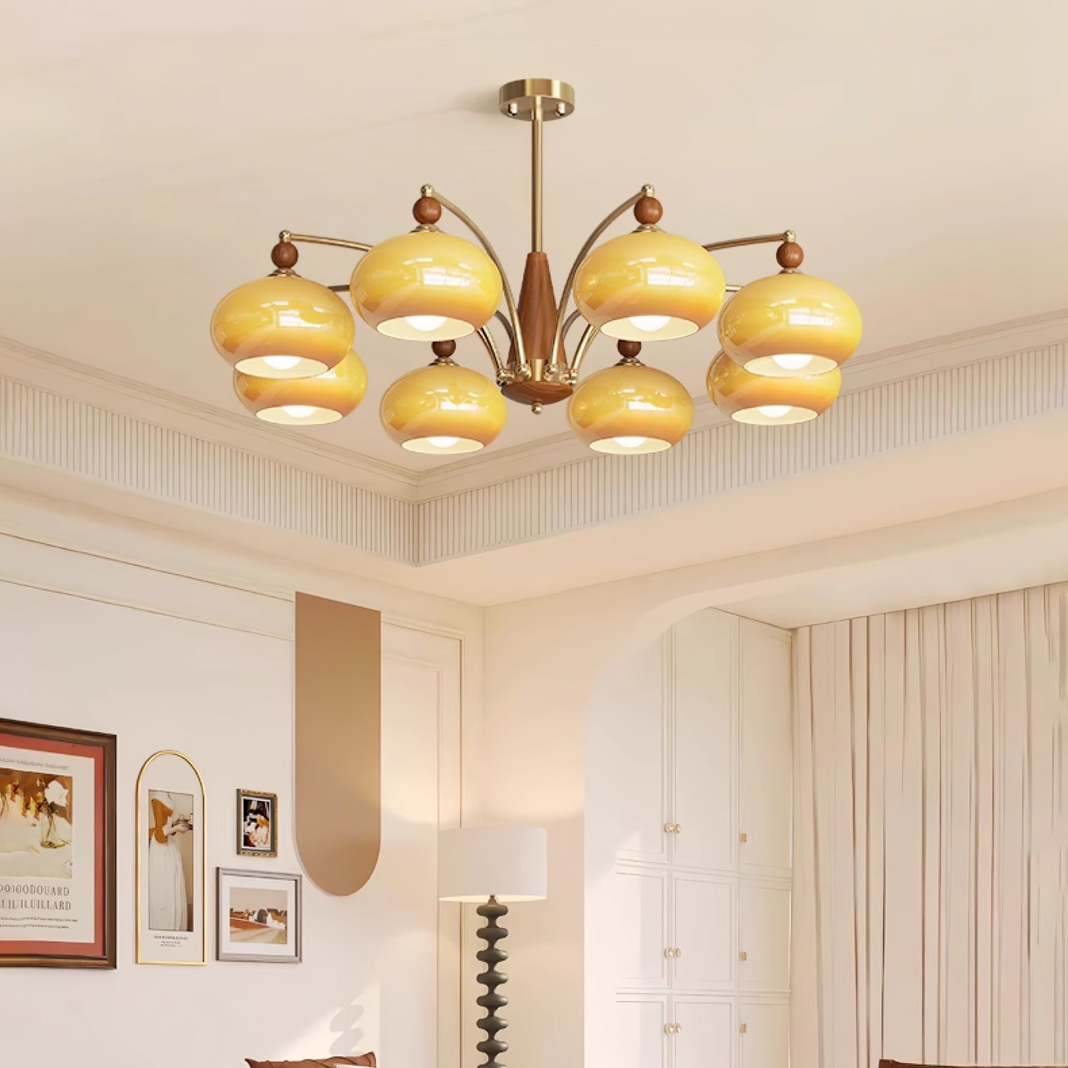Calliope Chandelier | Metal & Glass | Gold & Walnut Finish