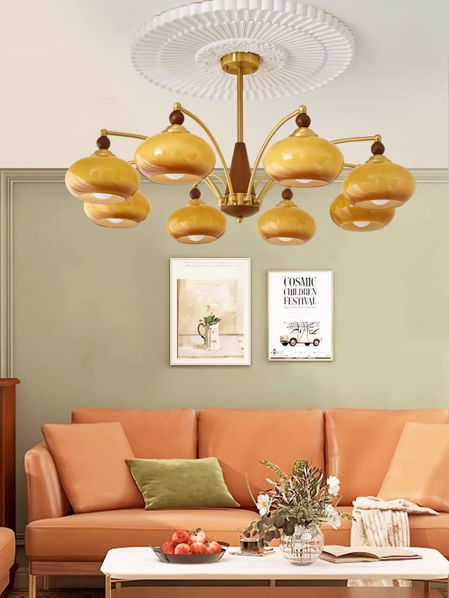 Calliope Chandelier | Metal & Glass | Gold & Walnut Finish