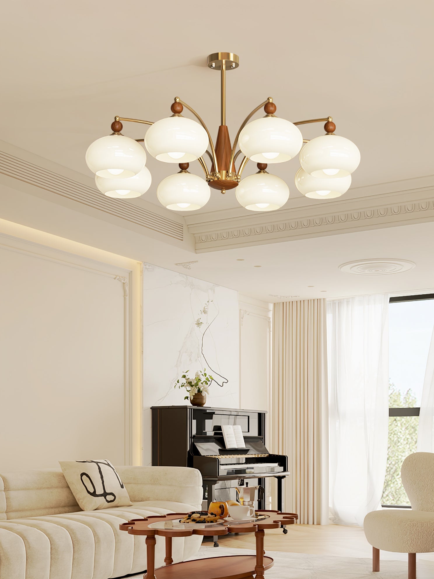 Calliope Chandelier | Metal & Glass | Gold & Walnut Finish