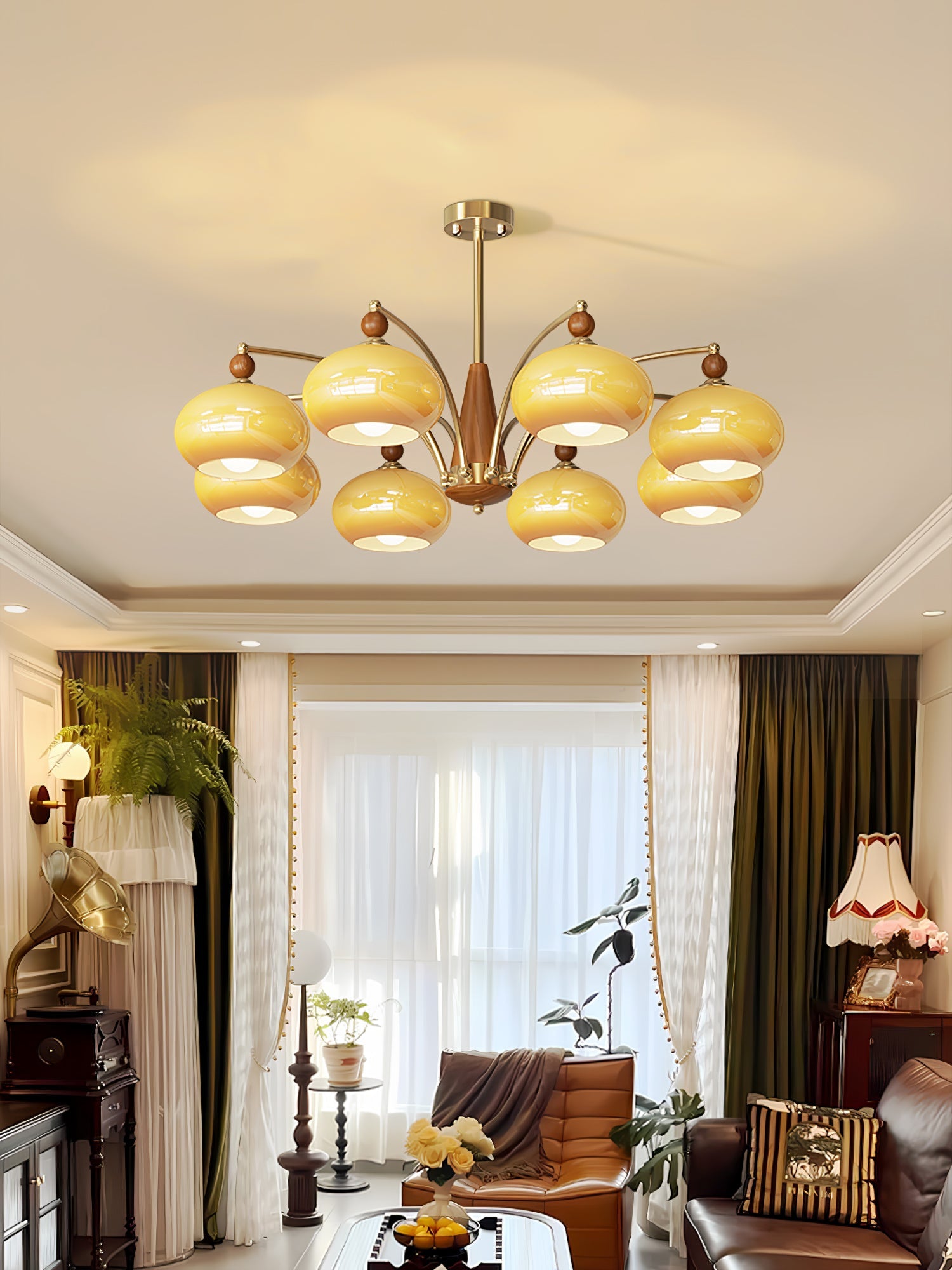 Calliope Chandelier | Metal & Glass | Gold & Walnut Finish