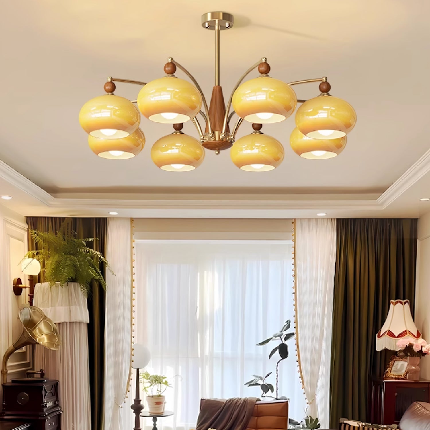 Calliope Chandelier | Metal & Glass | Gold & Walnut Finish