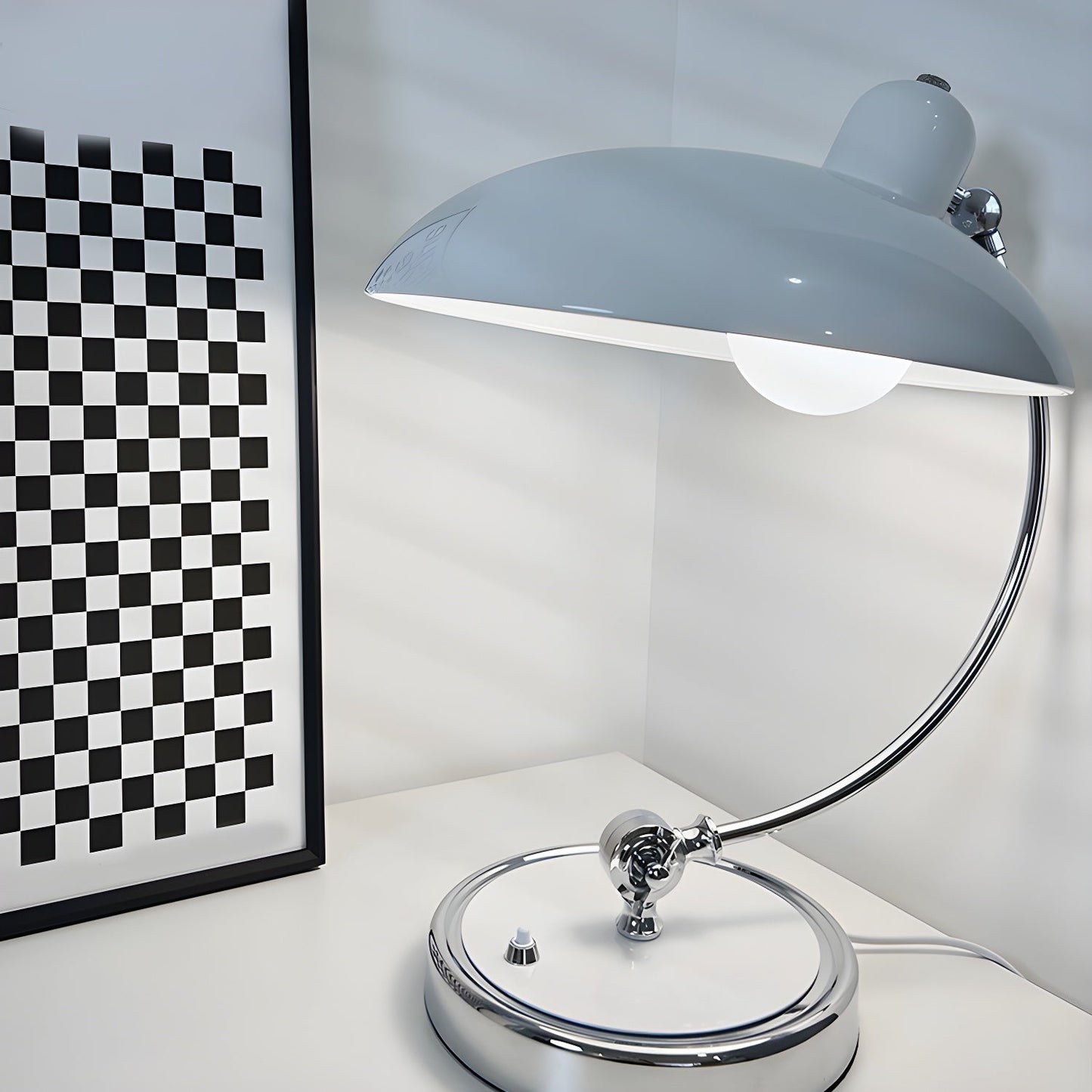 Retro Curve Desk Lamp | Frosted Glass & Chrome | 28cm Diameter