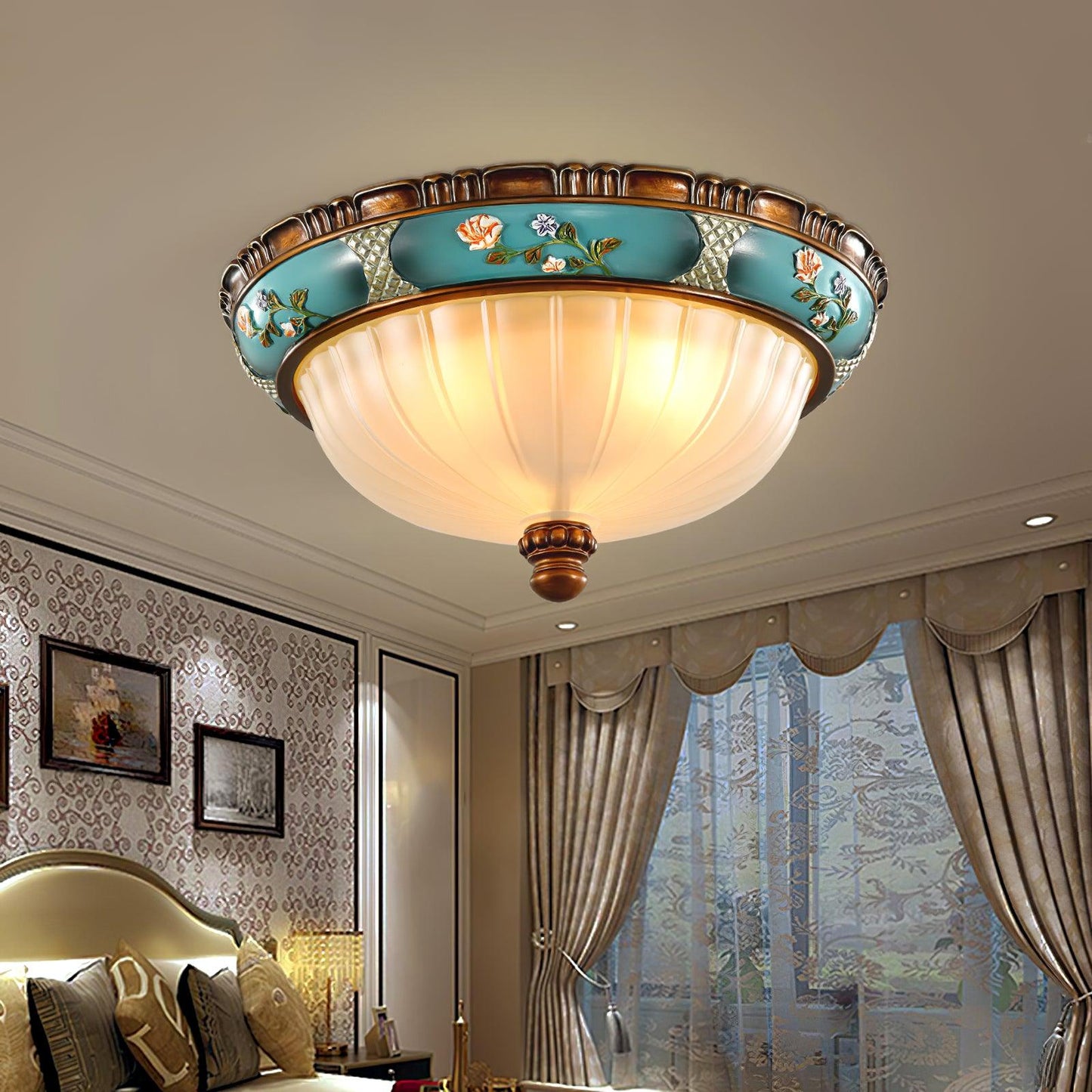 Retro Floral Ceiling Light | Blue Resin & White Glass | 38cm or 48cm